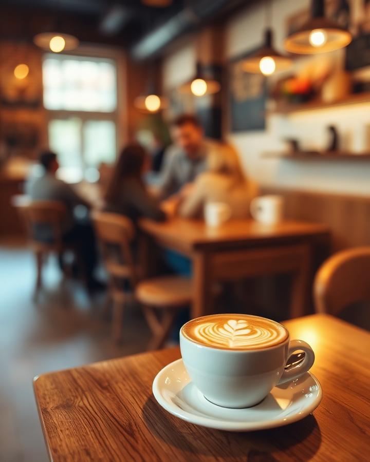 Latte on a wooden table in a warm cafe