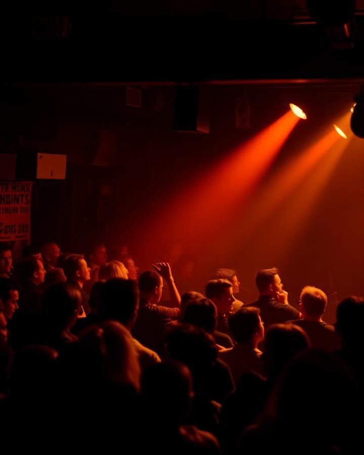 Crowd at a small indie gig under warm stage lights