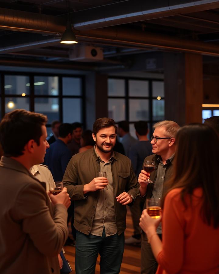 People talking at an evening networking meetup